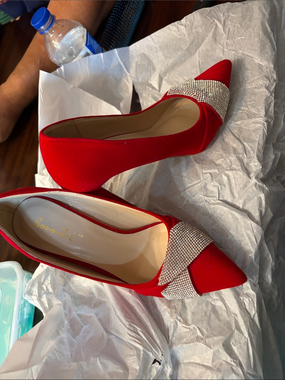 Bonnibel Red Pointed Toe Heels with Rhinestone Band